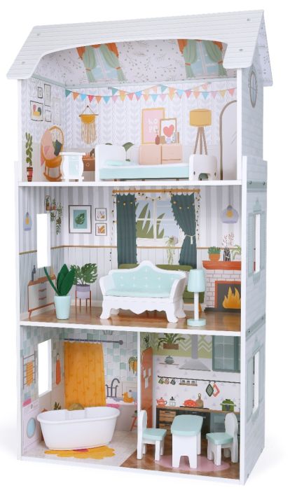 playful wooden dollhouse luna with glowing led lights illuminating the fun rooms
