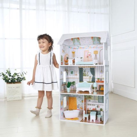 bold front view of the wooden dollhouse luna with glowing led lights illuminating its four vibrant rooms