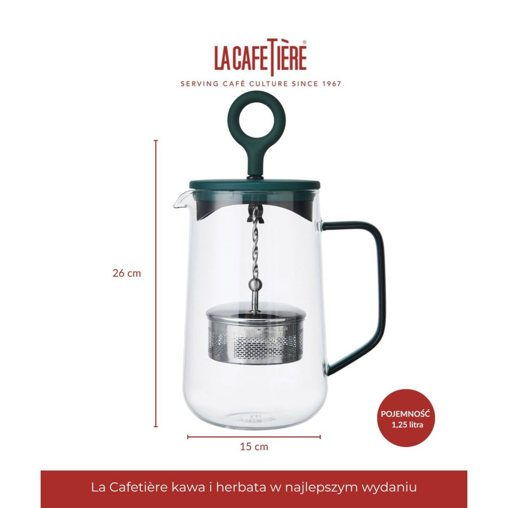 practical 1.25 liter green gyro teapot on a kitchen counter, showcasing its borosilicate glass infuser and large capacity
