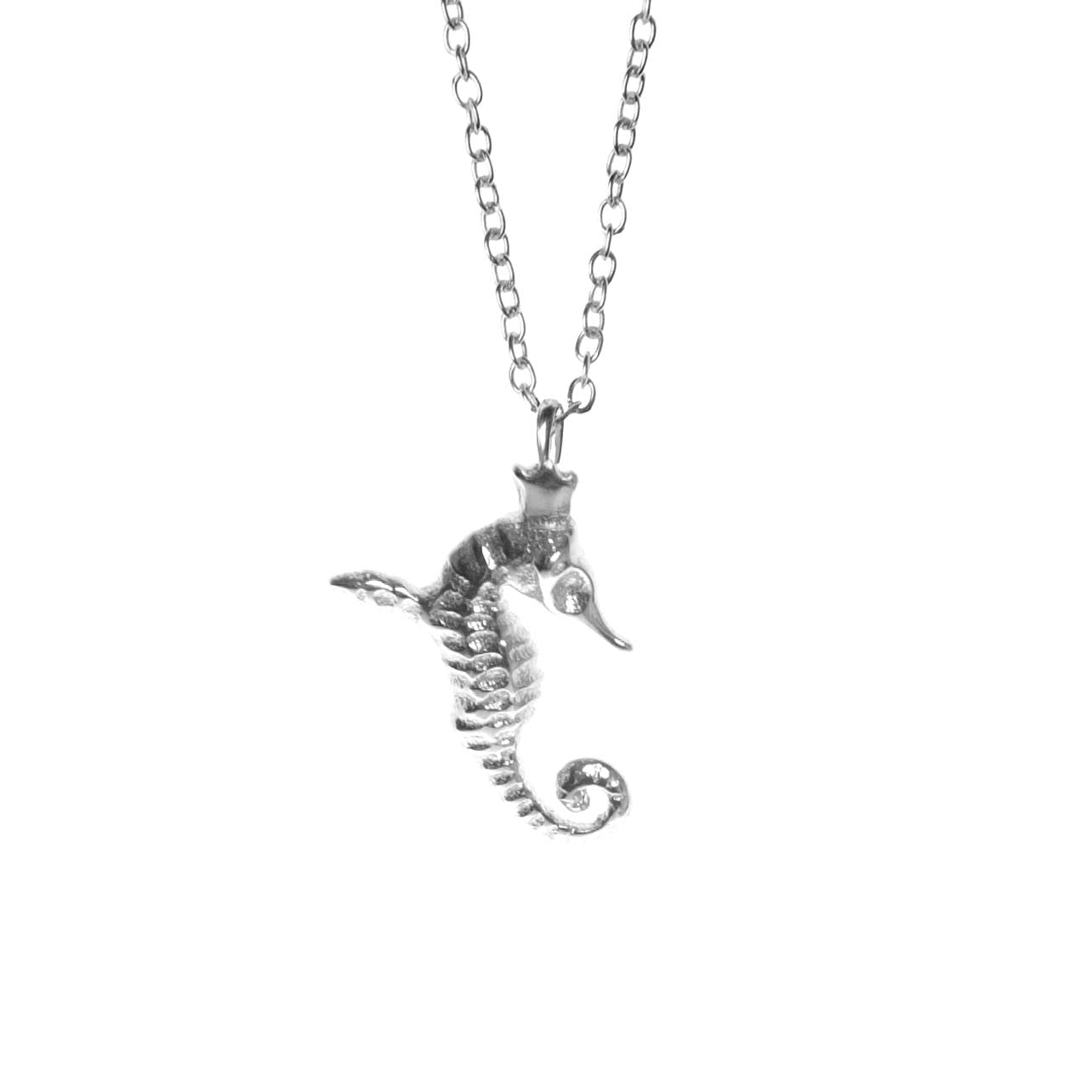 bold close-up of a silver hippocamp pendant with a mythical winged seahorse design