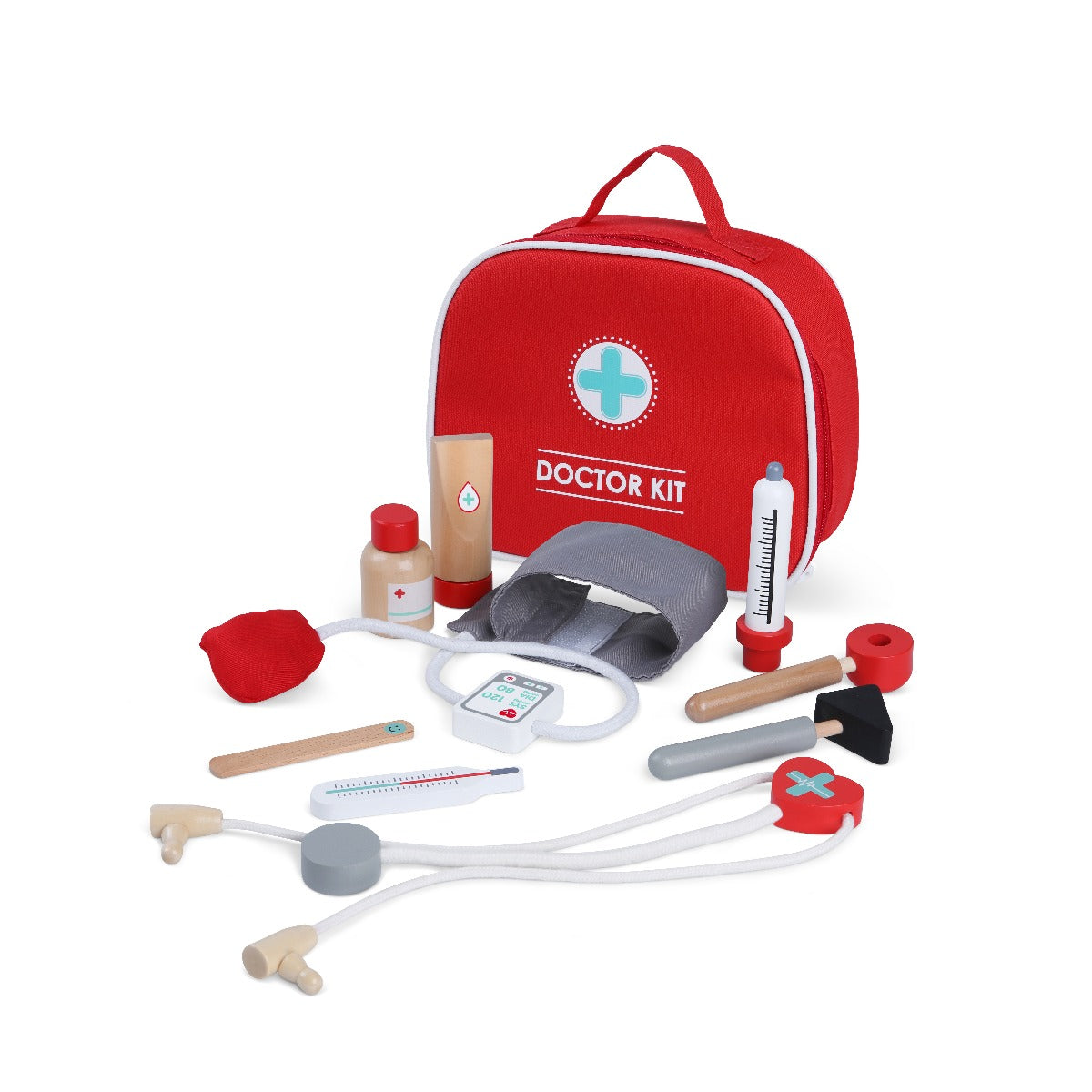 confident young doctor holding a complete wooden medical kit with stethoscope