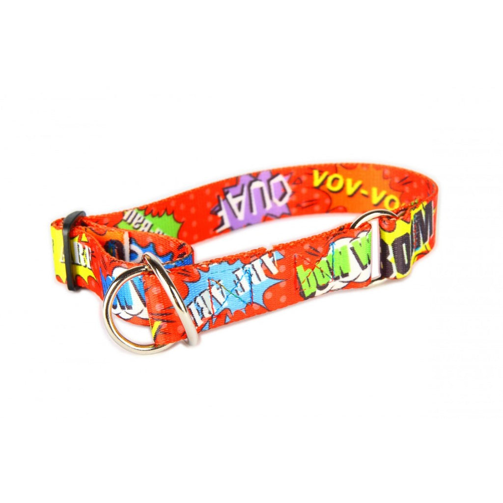 playful red graffiti dog collar with polished steel hardware on a happy golden retriever