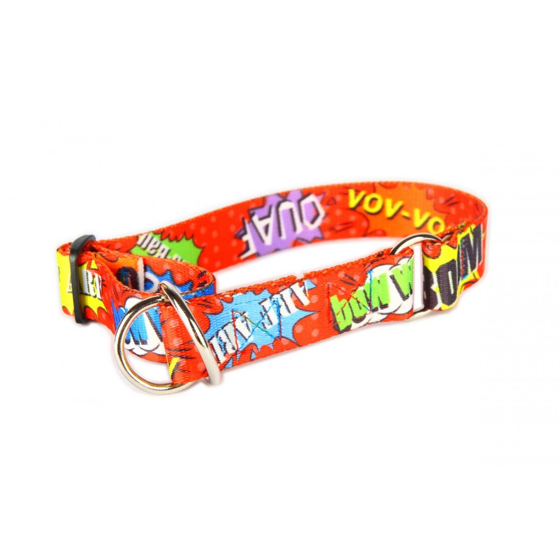 playful red graffiti dog collar with polished steel hardware on a happy golden retriever