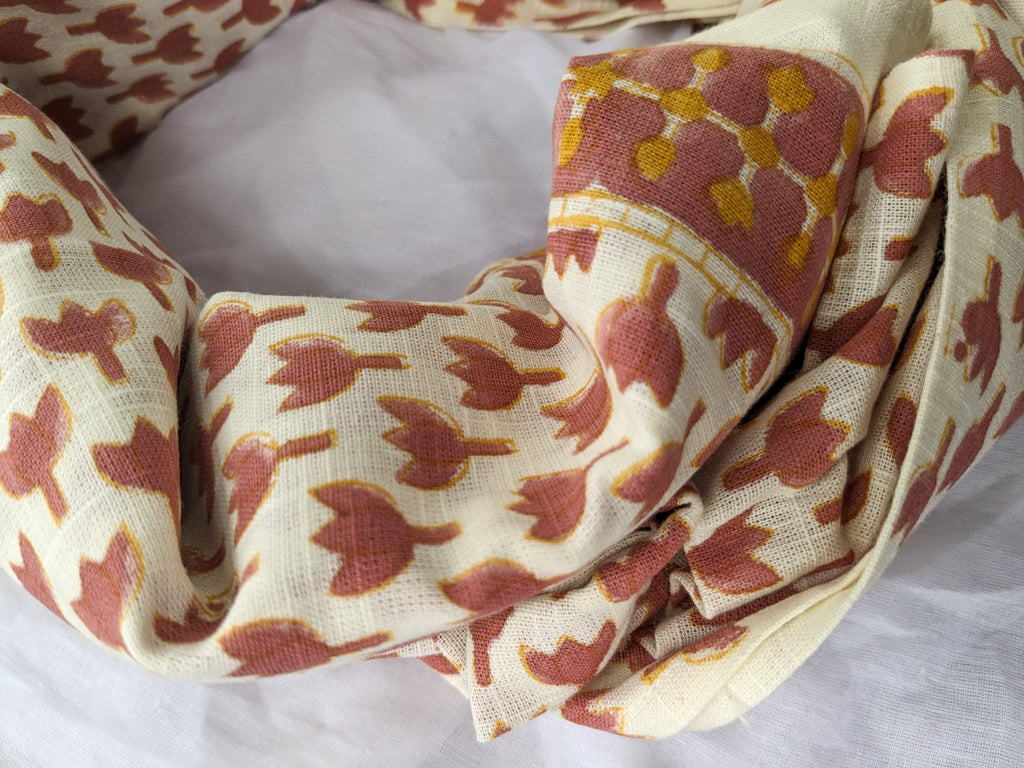 Hand Block Printed Cotton Scarf in Red and Yellow Flowers