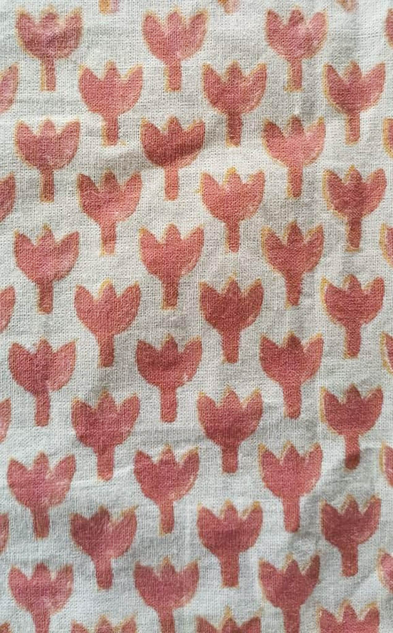 Hand Block Printed Cotton Scarf in Red and Yellow Flowers