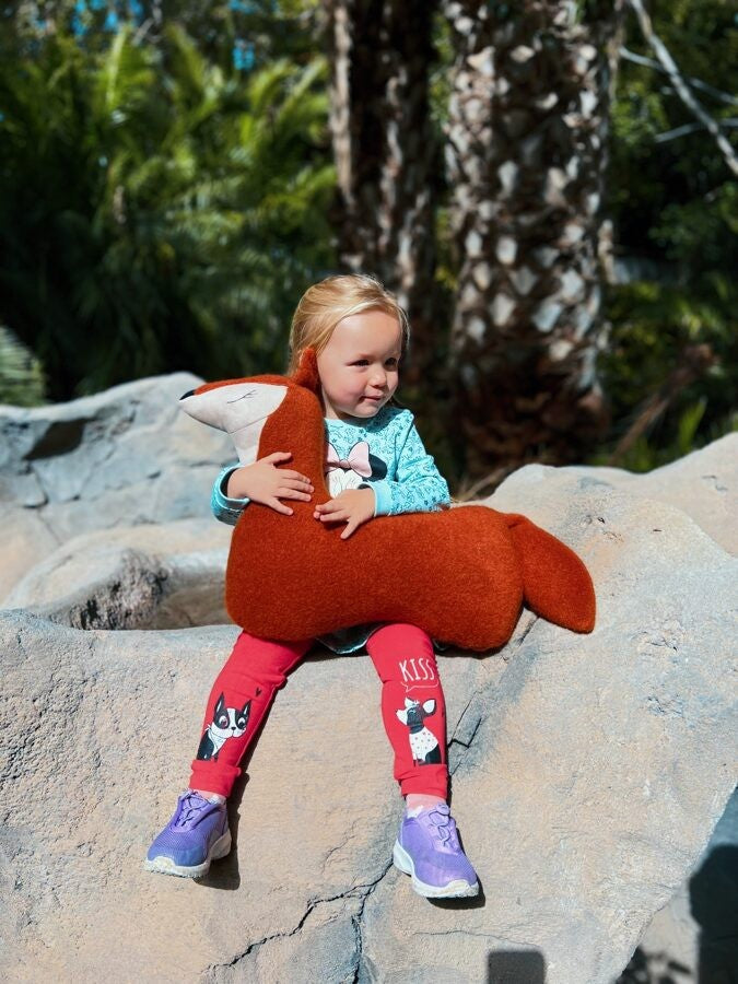 bold handmade fox pillow in forest red, a striking kids' comfort companion