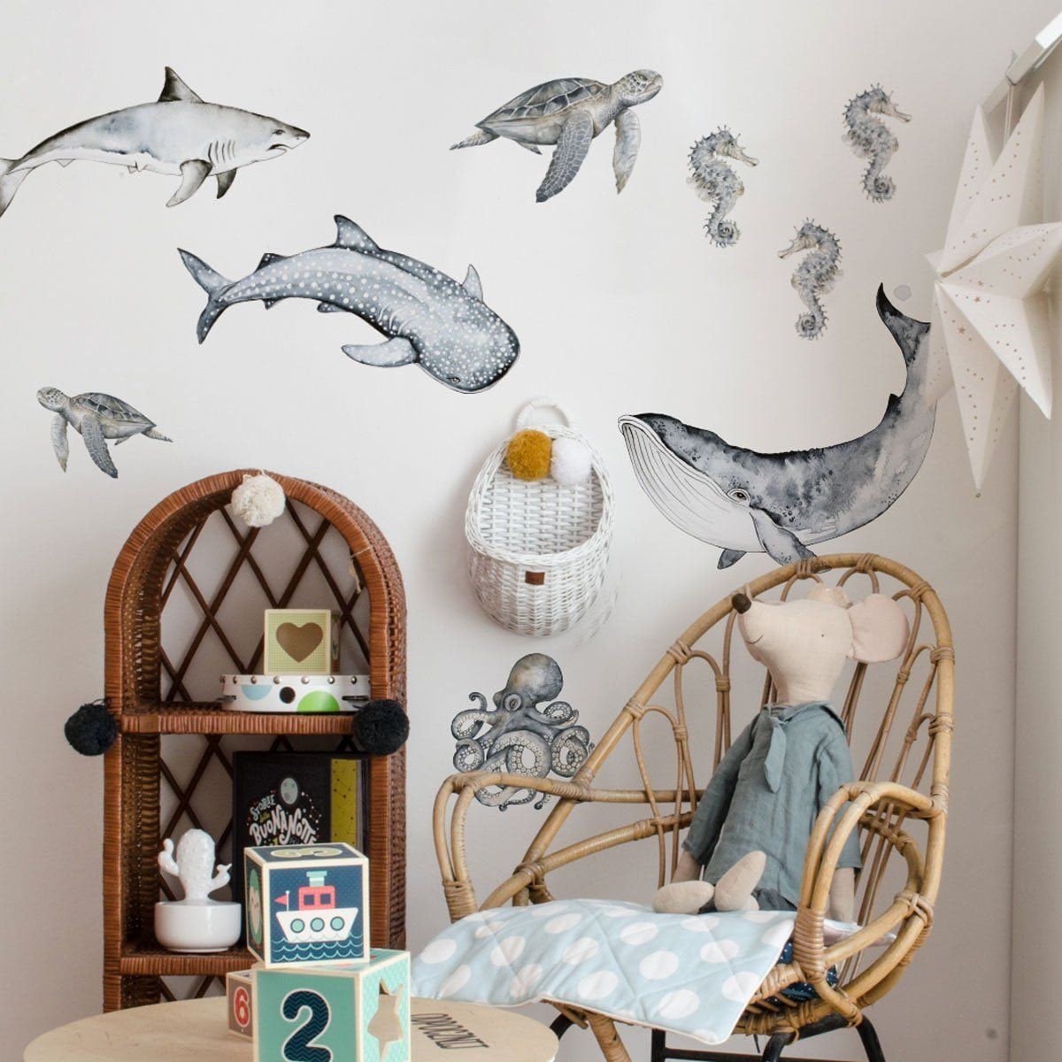 bold shark and whale shark wall stickers leading a vibrant ocean adventure