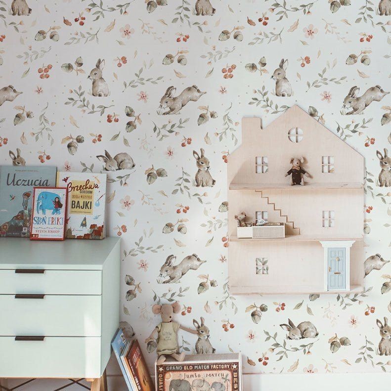 bold close-up of charming happy rabbits wallpaper on a feature wall