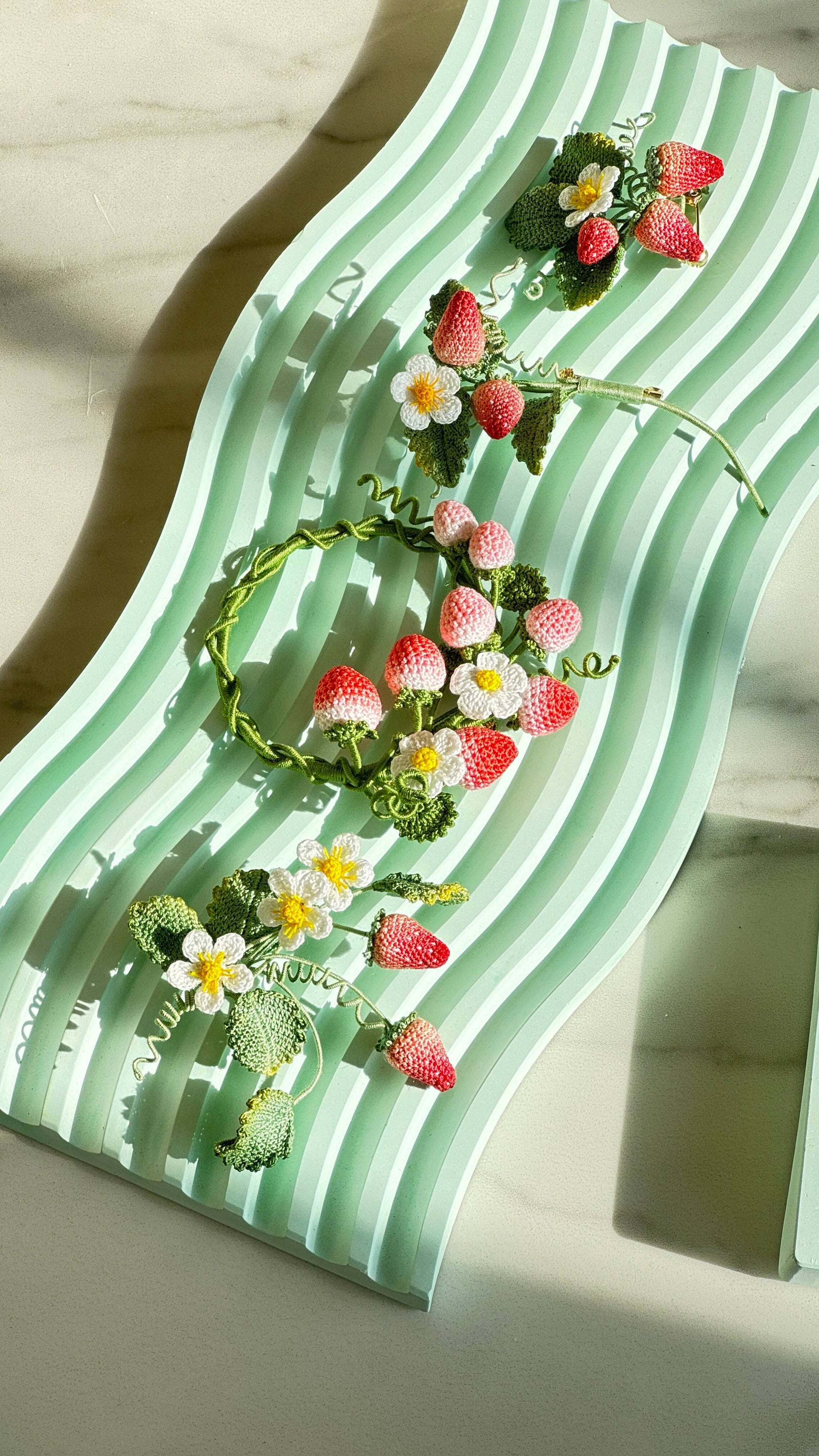 Micro Crochet Strawberry Brooch and Earrings Set