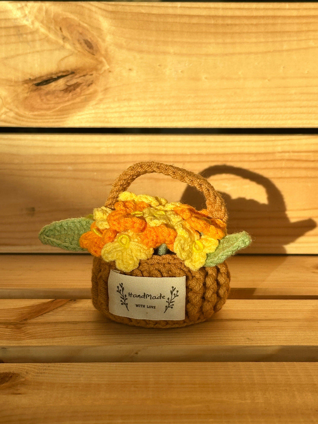 Handmade Miniature Flower Basket with Crocheted Blooms