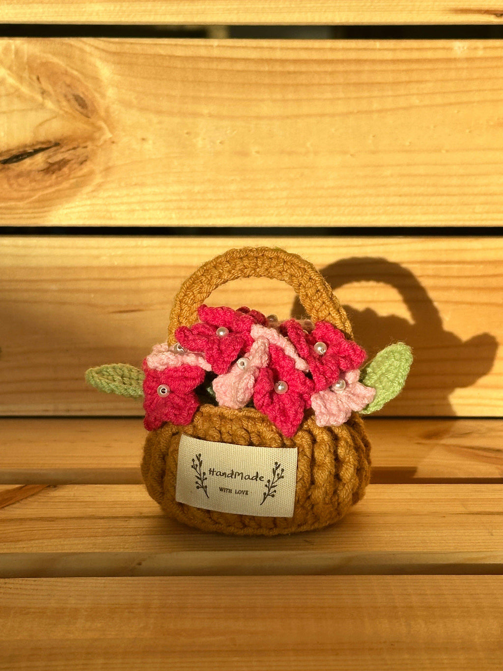 Handmade Miniature Flower Basket with Crocheted Blooms