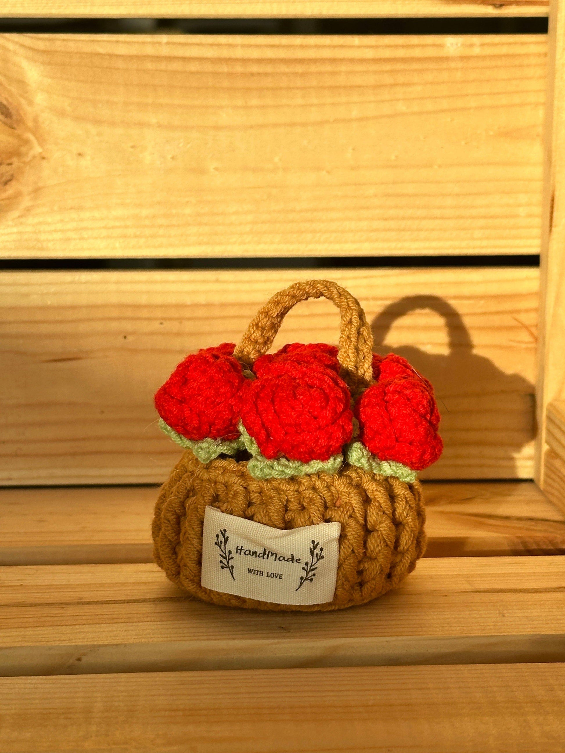 Handmade Miniature Flower Basket with Crocheted Blooms
