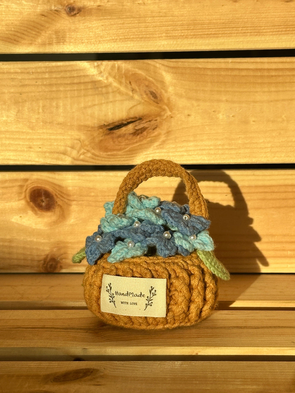 Handmade Miniature Flower Basket with Crocheted Blooms