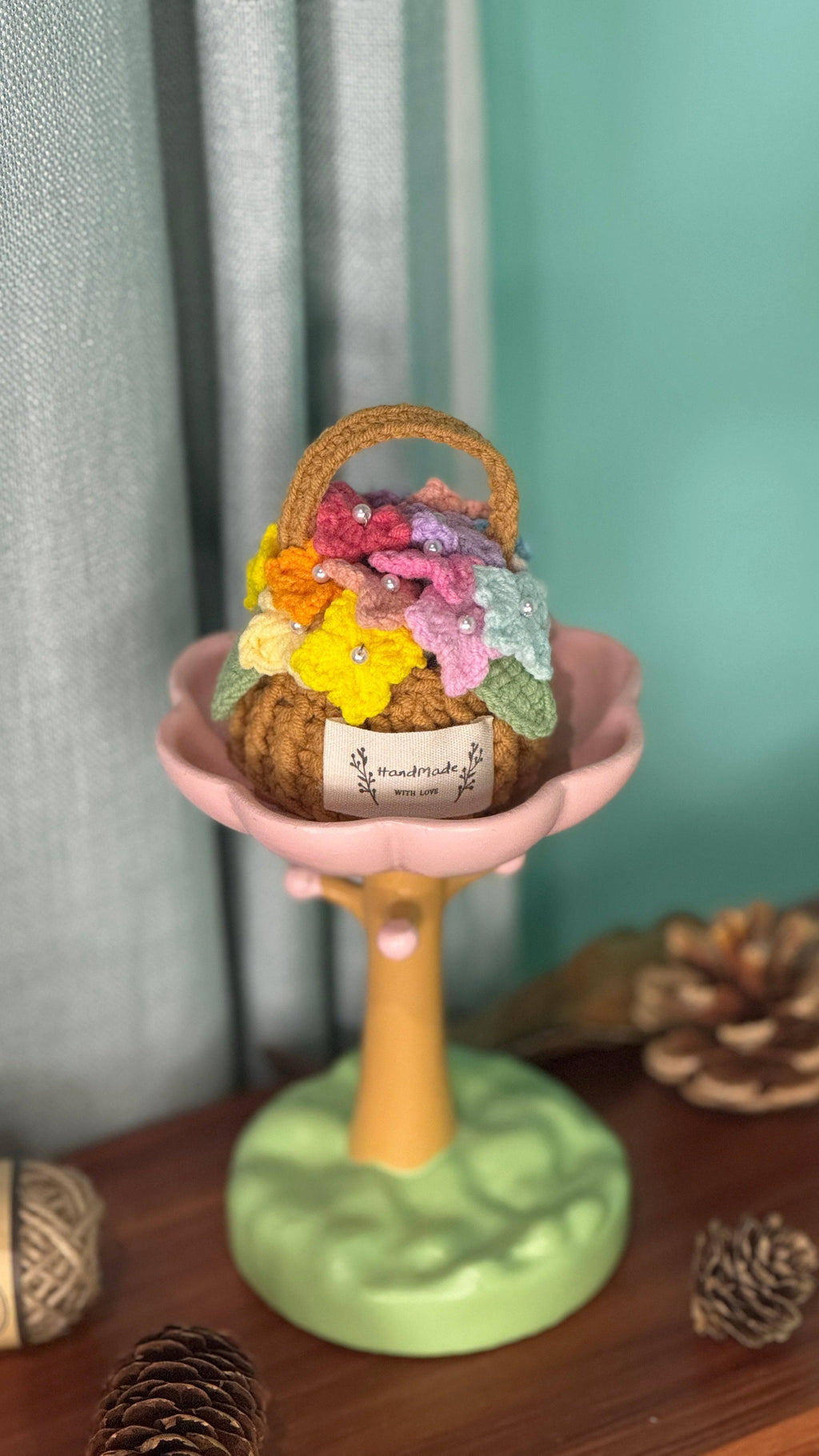 Handmade Miniature Flower Basket with Crocheted Blooms