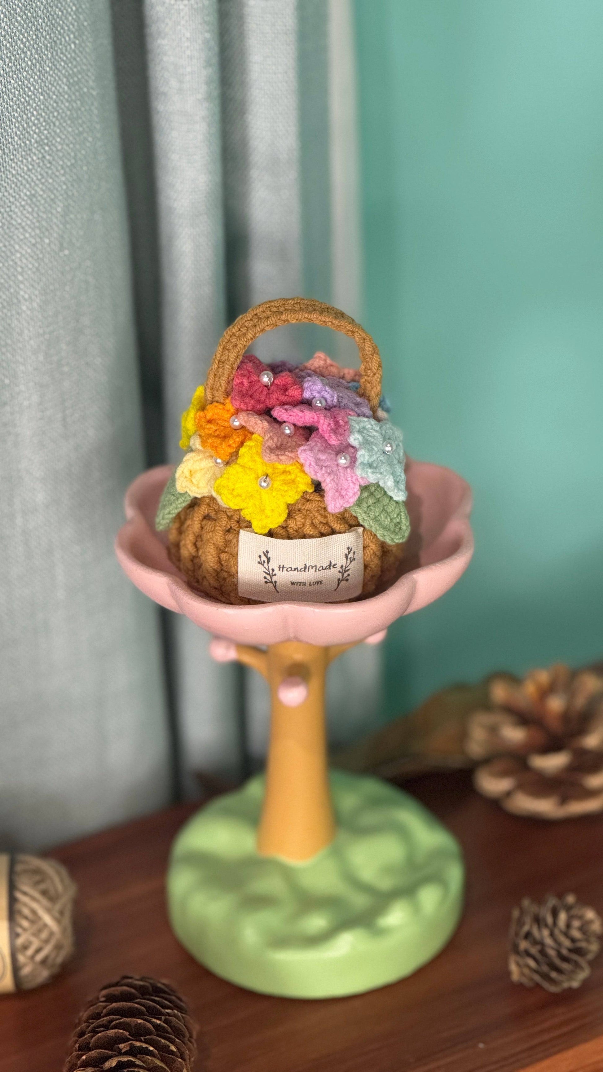 Handmade Miniature Flower Basket with Crocheted Blooms