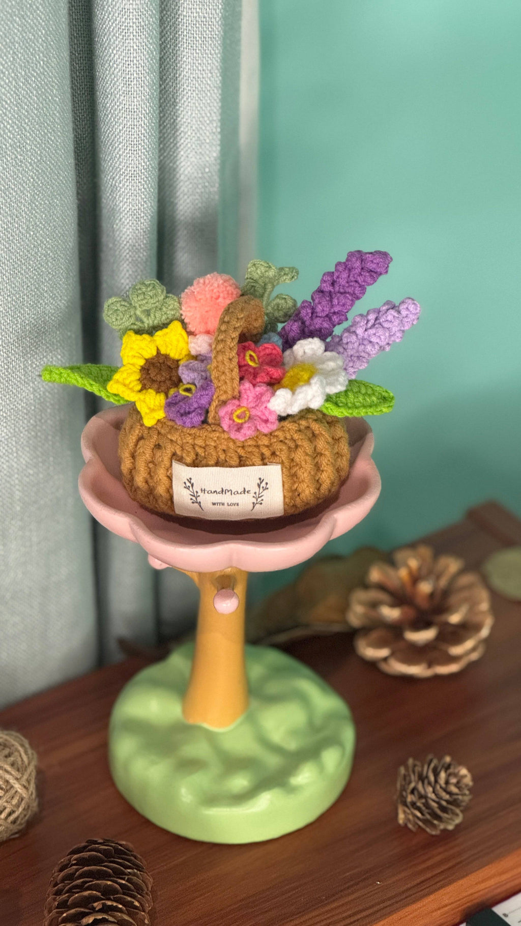 Handmade Miniature Flower Basket with Crocheted Blooms