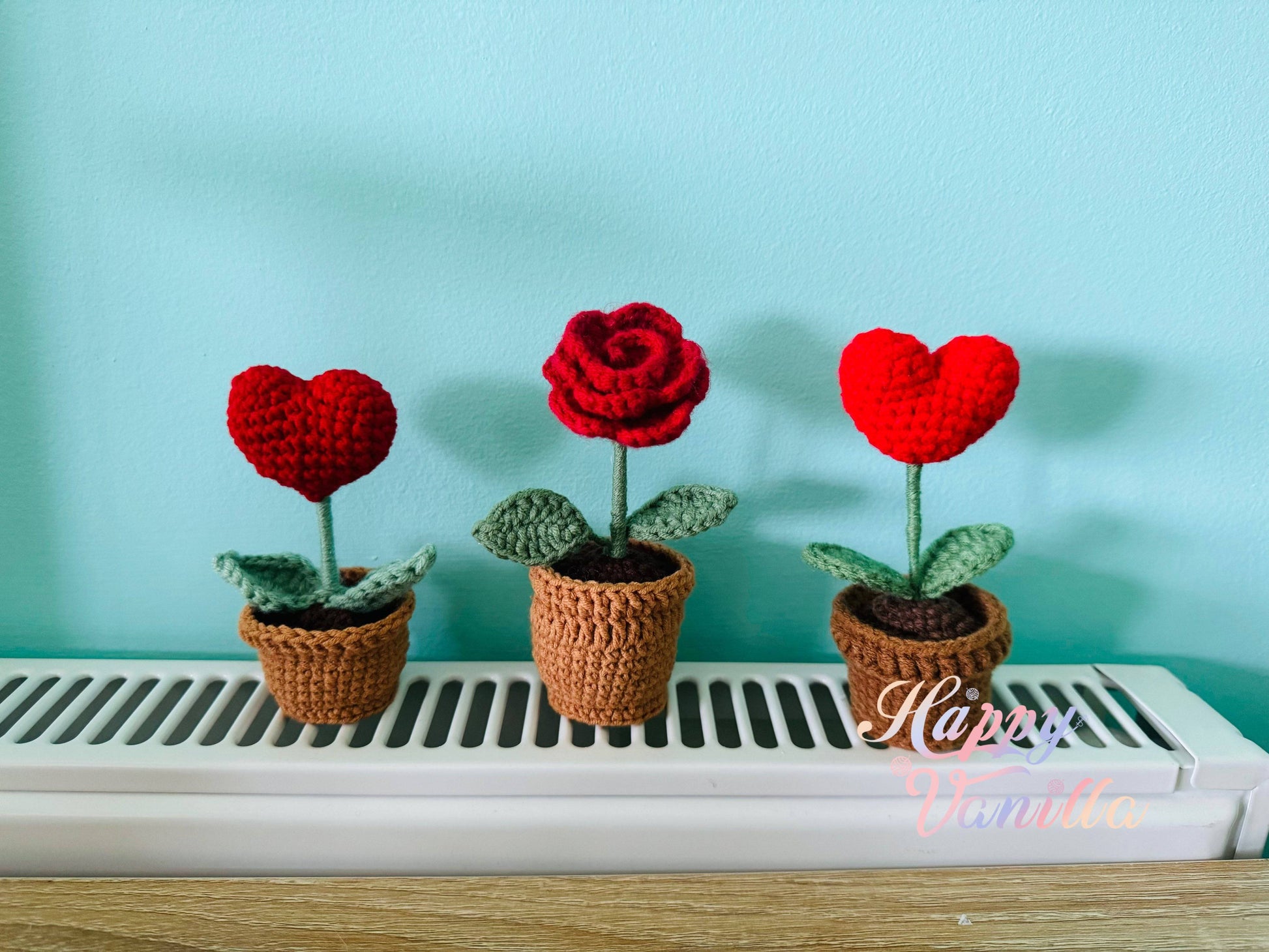 Hand Crocheted Heart Roses with Pot