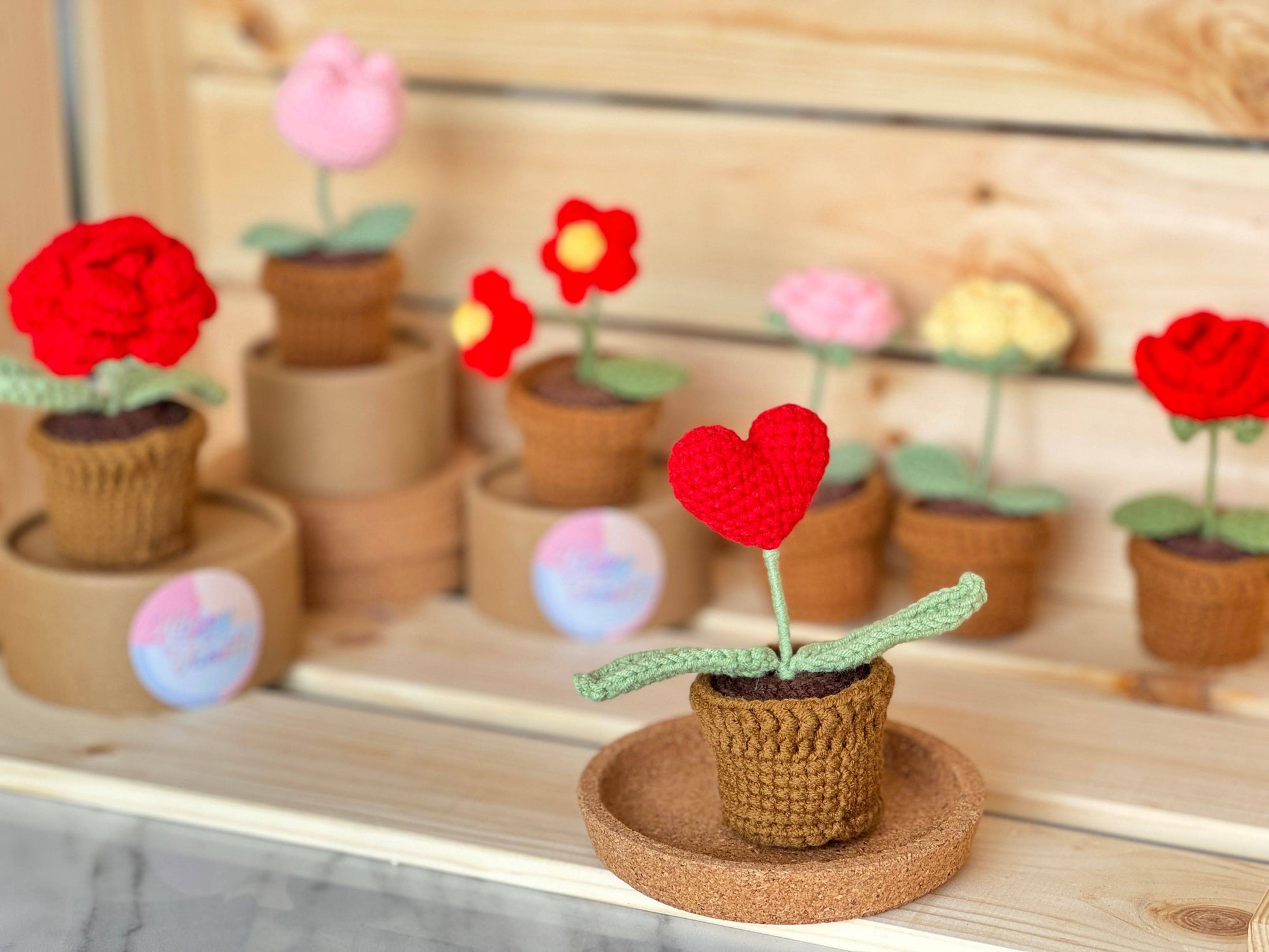 Hand Crocheted Heart Roses with Pot
