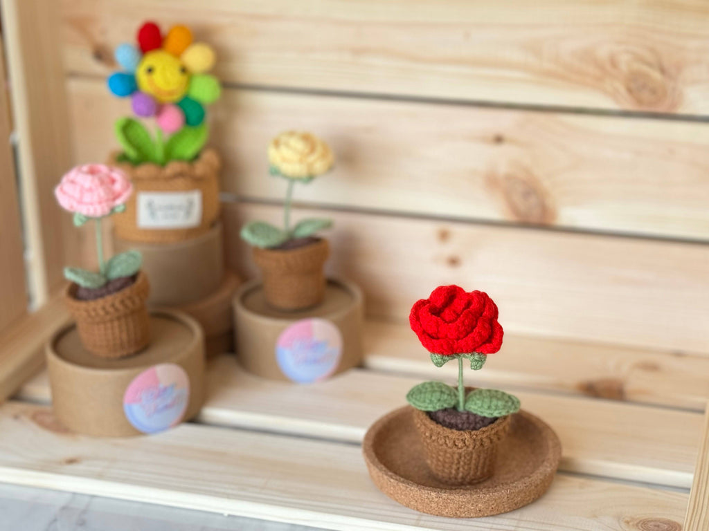Hand Crocheted Heart Roses with Pot