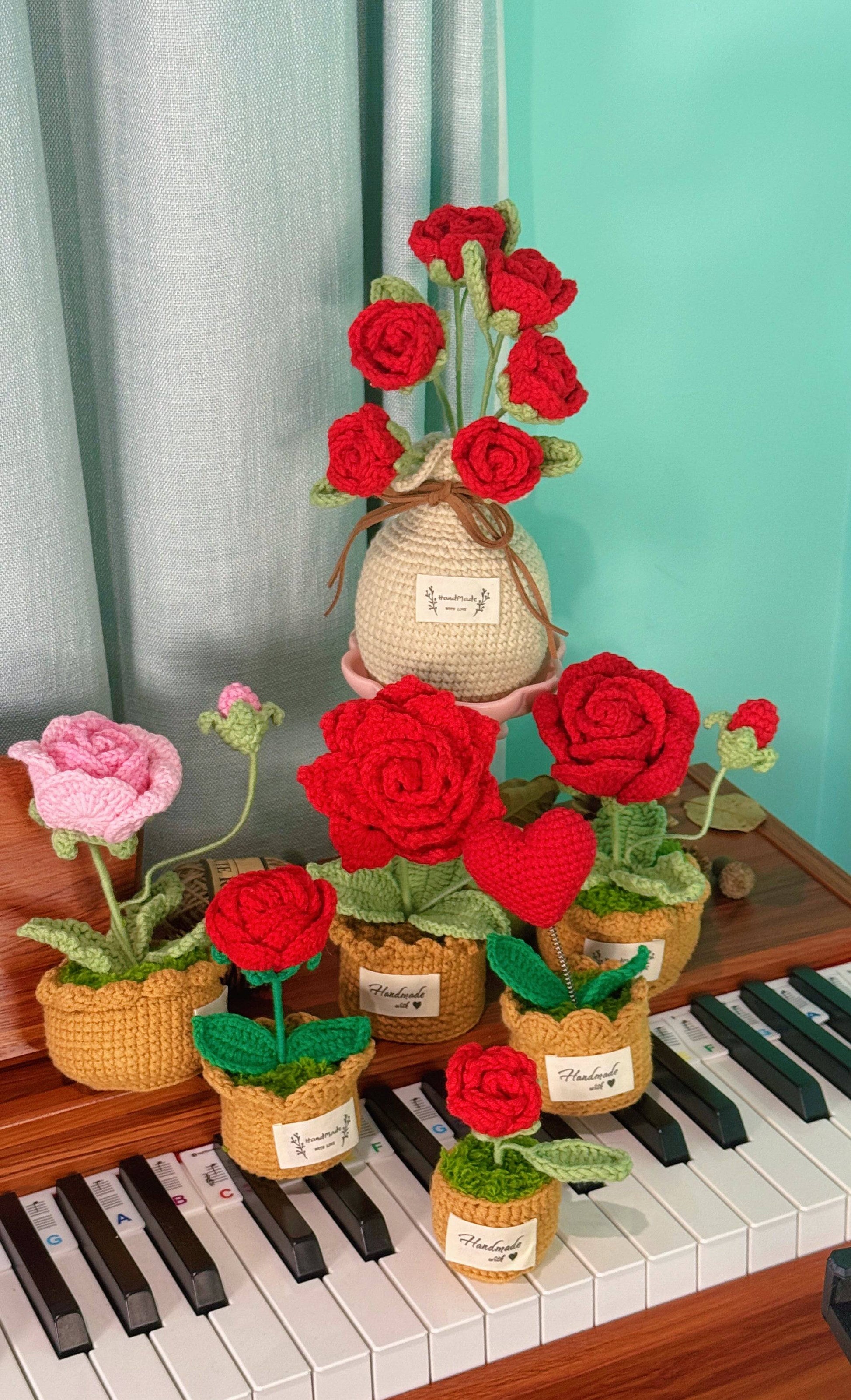 Hand Crocheted Heart Roses with Pot