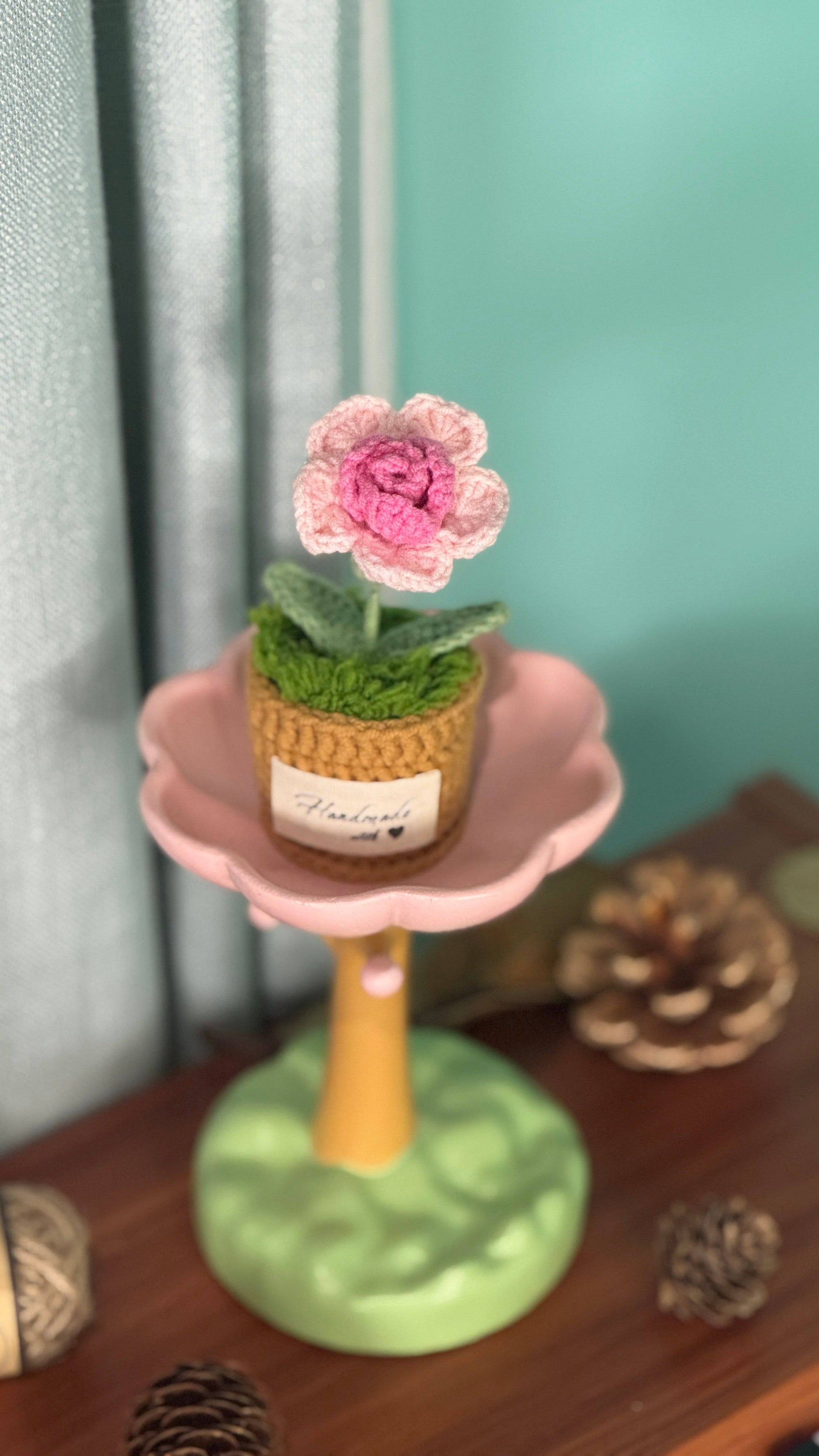 Hand Crocheted Heart Roses with Pot