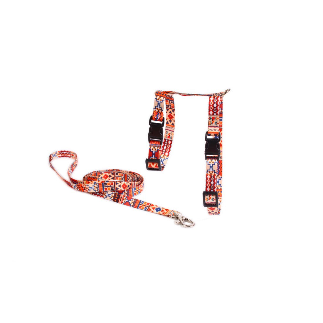 bold boho cat harness and leash set in a confident front-angle shot