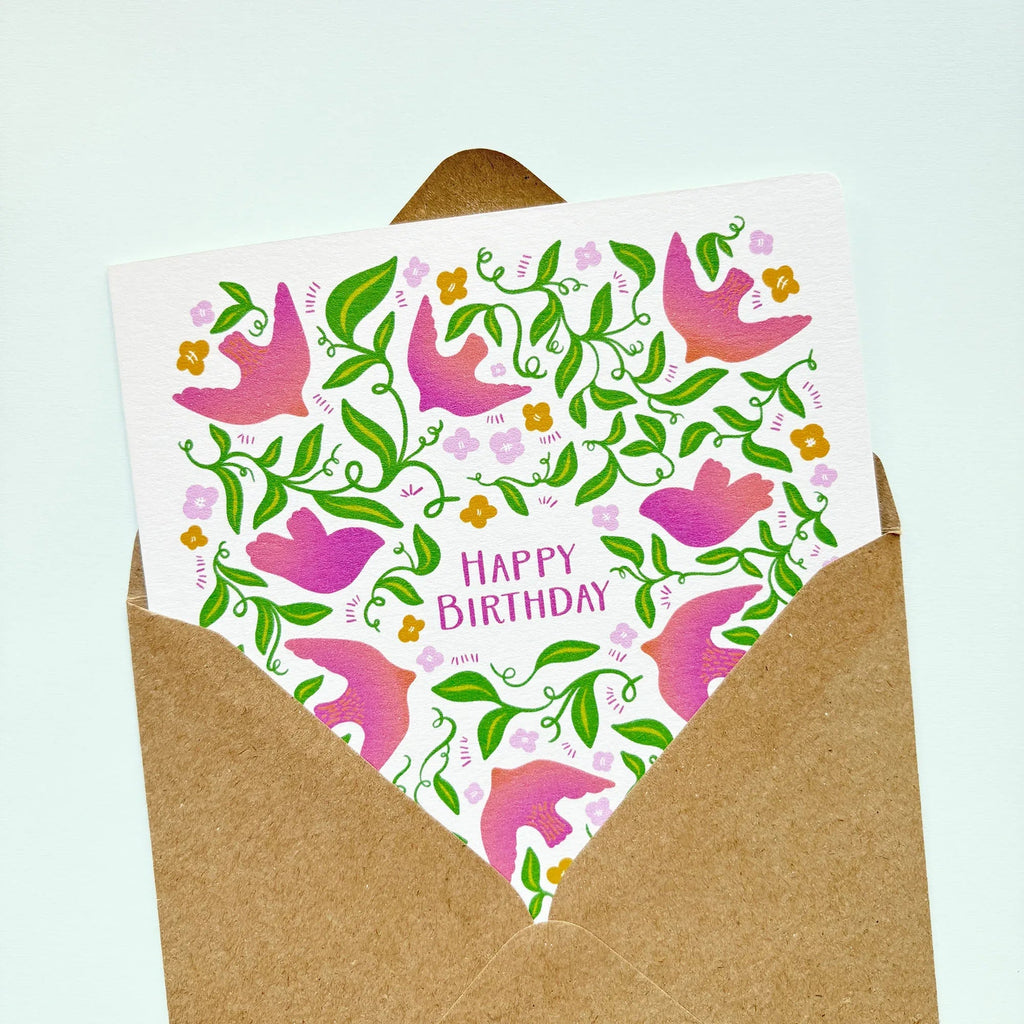 Hand Drawn Birthday Card with Foliage and Birds