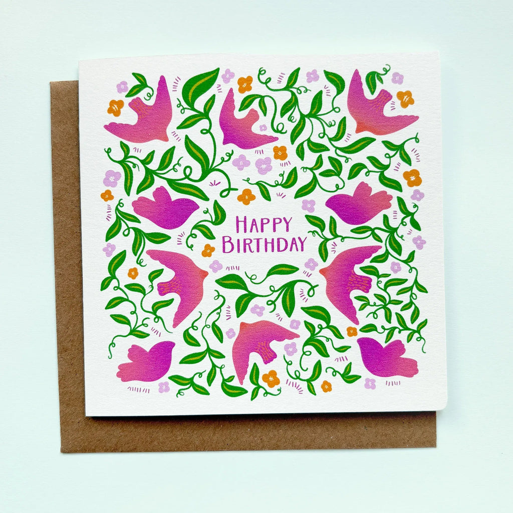 Hand Drawn Birthday Card with Foliage and Birds