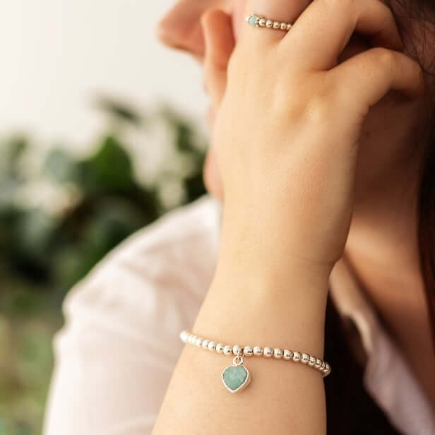 Heart Charm Bracelet in Sterling Silver and Amazonite