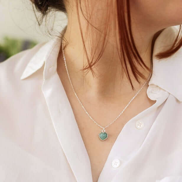 Heart Charm Necklace in Sterling Silver and Amazonite