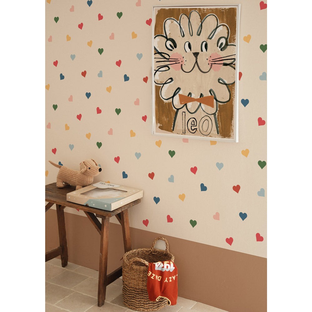 playful and fun multicolored hearts wallpaper for kids room decor with a vibrant pattern