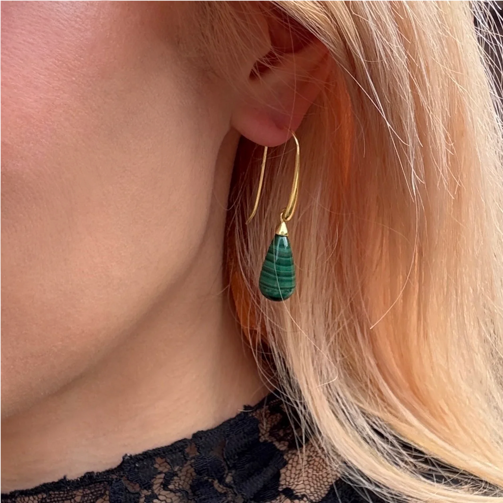Polished Malachite Stone Drop Earrings in Gold
