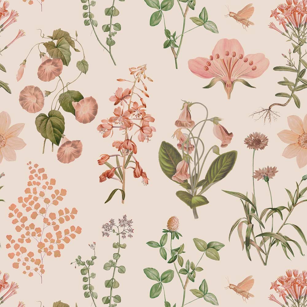 soft pastel green and salmon floral wallpaper for a serene kids room