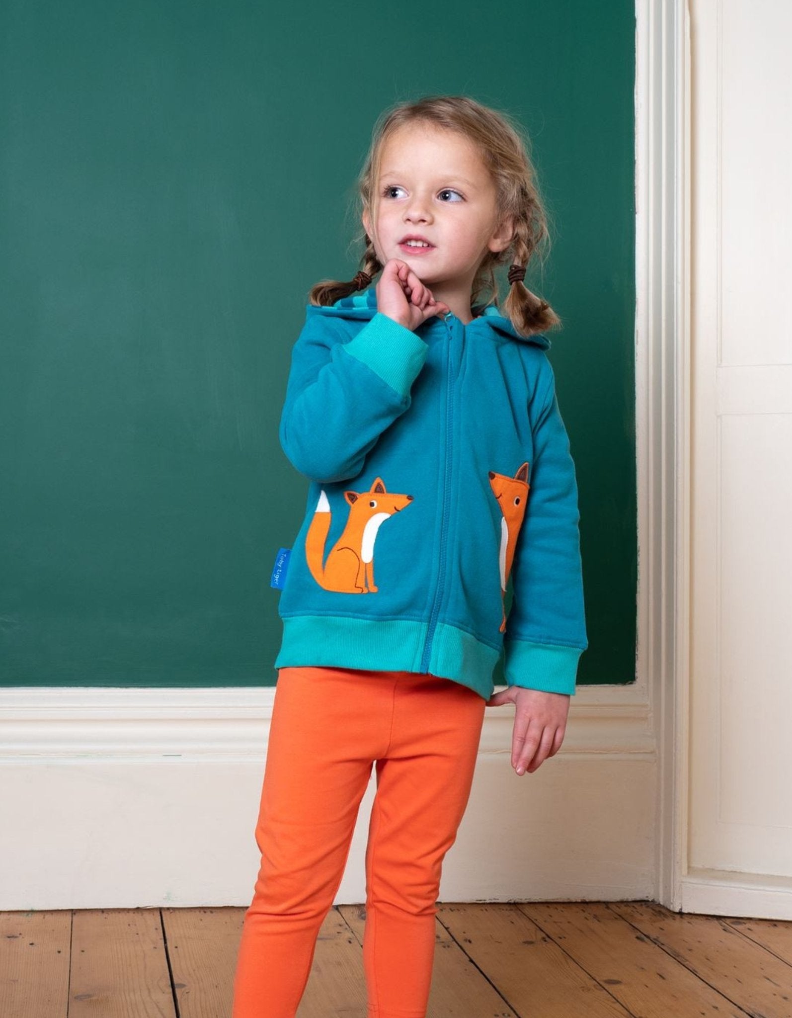 Organic Fox Applique Hoodie in Autumnal Green
