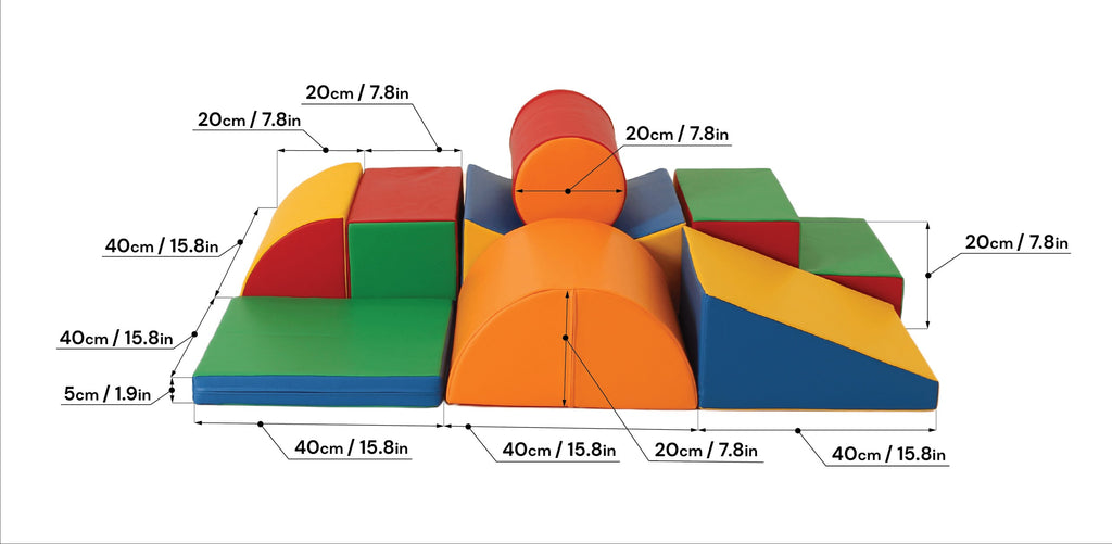 a soft multicolor foam block set arranged in a gentle, inviting stack for a baby's playtime