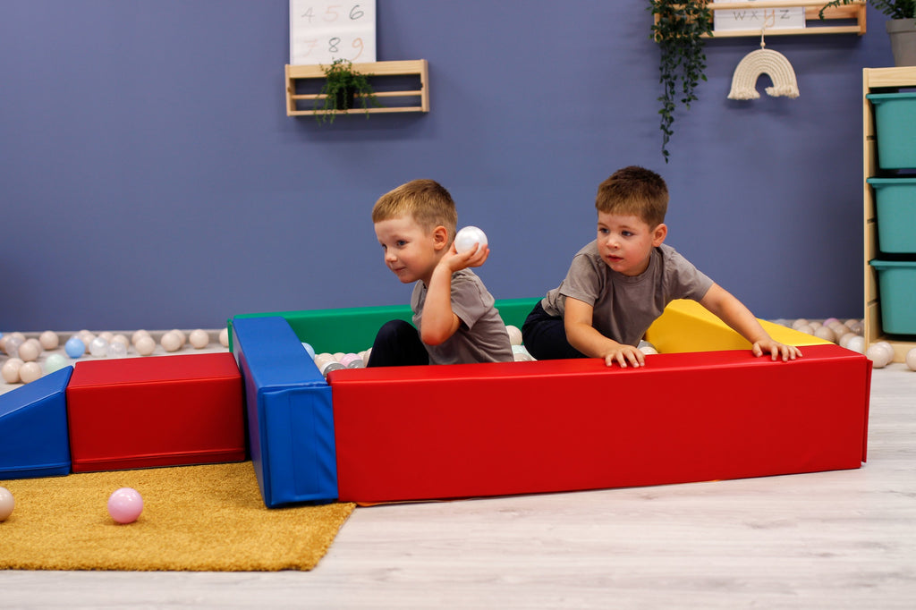 practical setup of a soft play ball pit for kids showing the durable vinyl cover and low-profile entrance