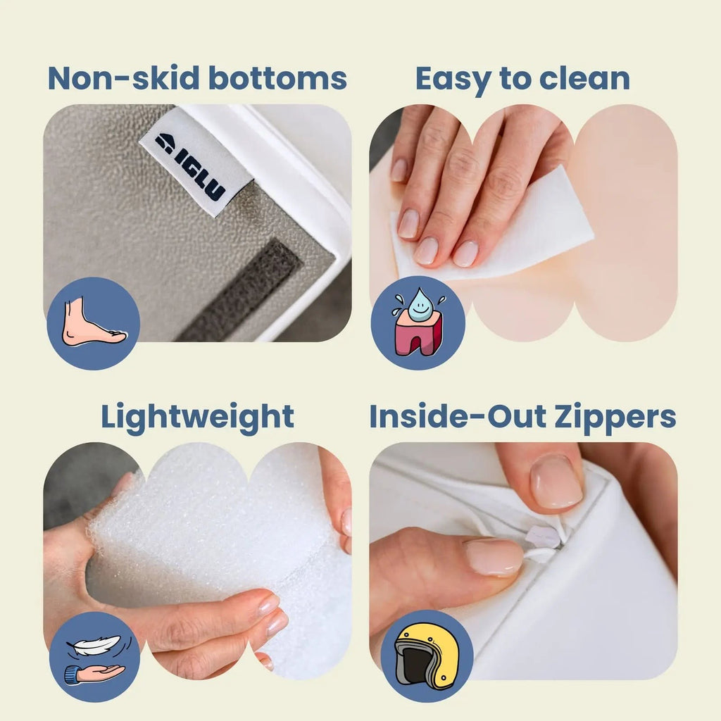 a toddler building a cozy fort with pink and green iglu foam blocks