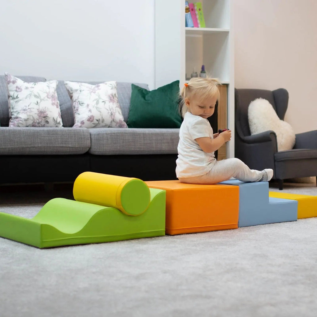 bold display of a light multicolor iglu foam block set for creative toddler play
