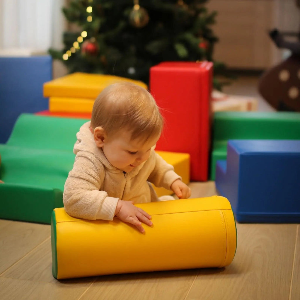 a child's hand reaching for a vibrant iglu soft foam block in a sunlit playroom