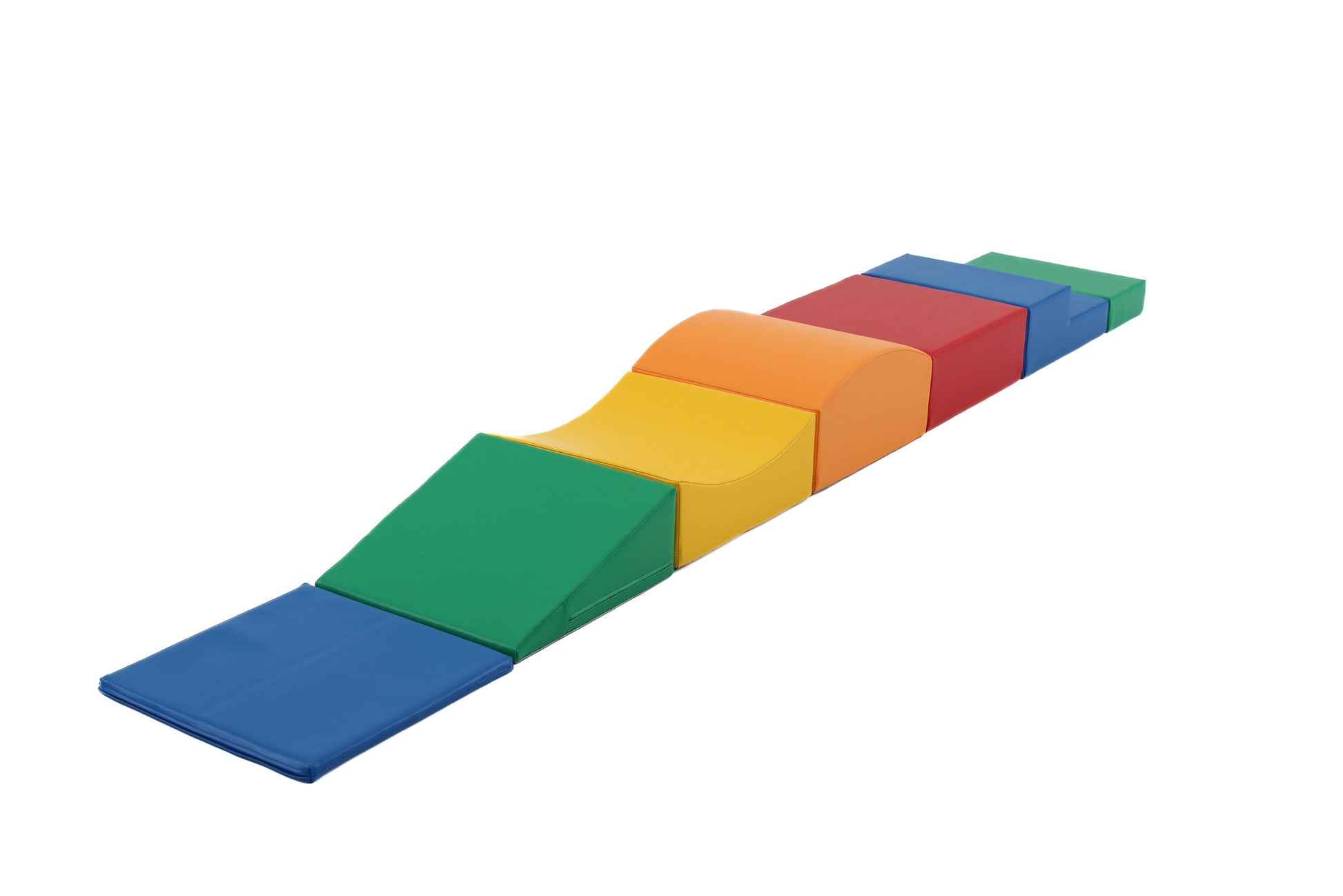 a functional and practical setup of soft multicolor foam blocks arranged as a simple obstacle course for toddlers