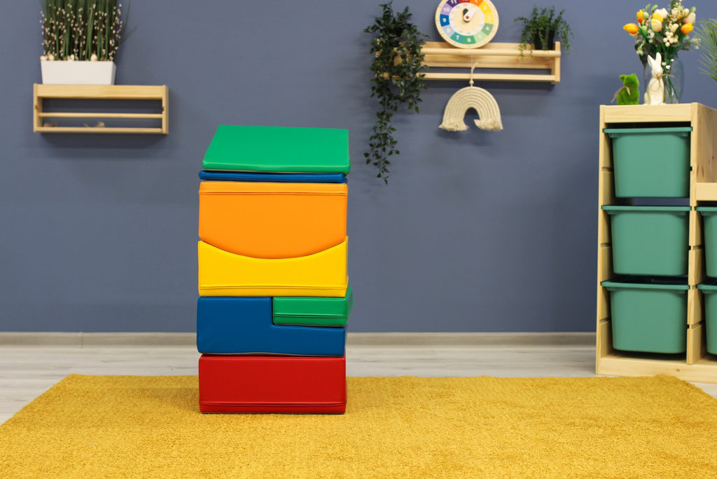 practical setup of a soft multicolor block set for building safe play structures
