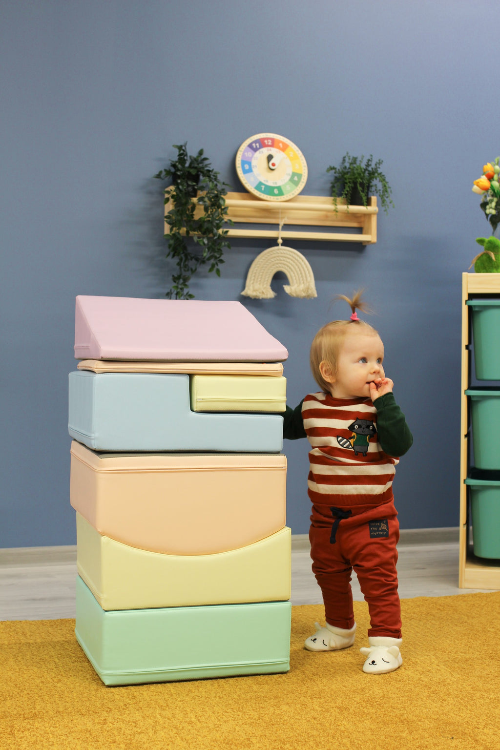 elegant arrangement of soft pastel foam blocks for a refined nursery play space