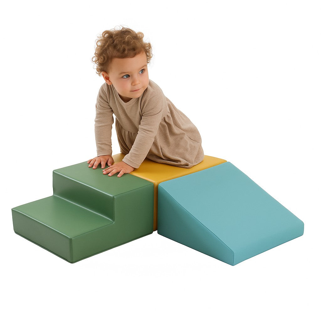 a bold, low-angle shot of a pastel turquoise soft play block set on a clean white background
