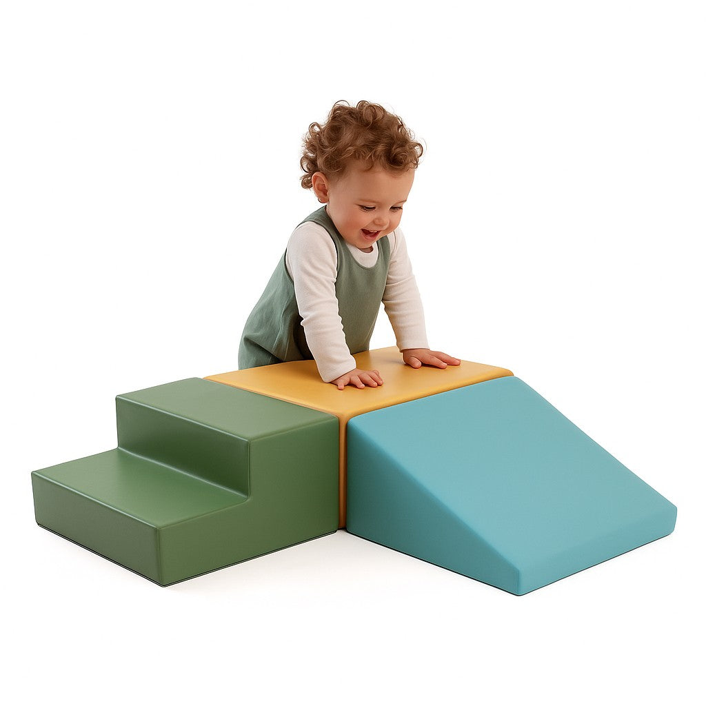 close-up of a pastel turquoise foam climbing block set in a sunlit playroom
