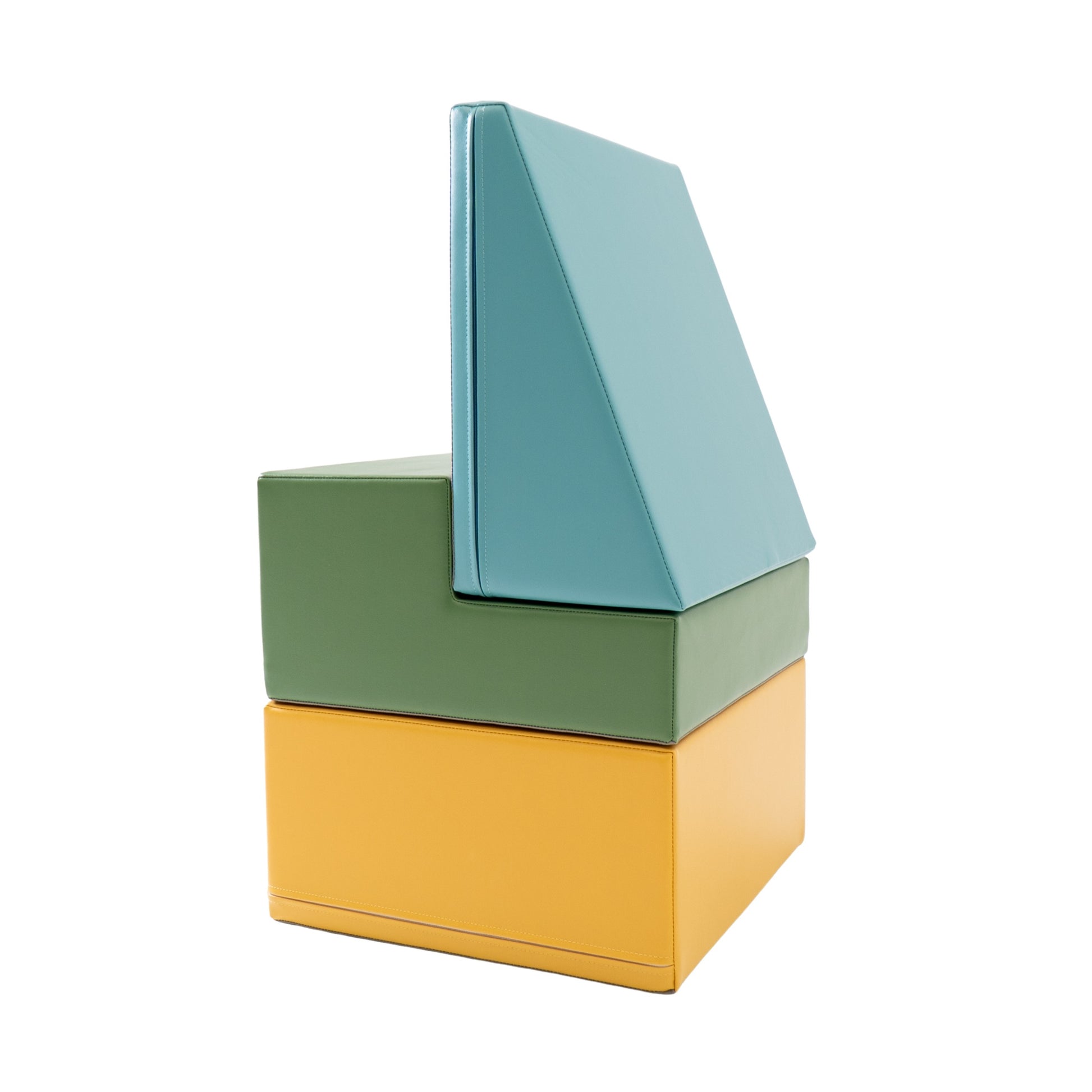 a pastel turquoise soft play block set shown in a bright, minimalist room with morning light