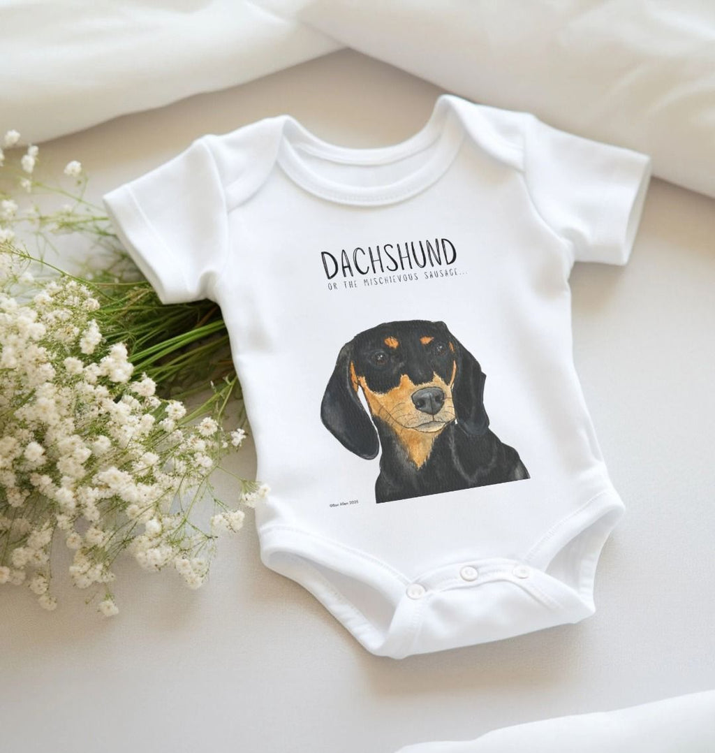 Mischievous Hot Dog Baby Bodysuit in Black and Tan