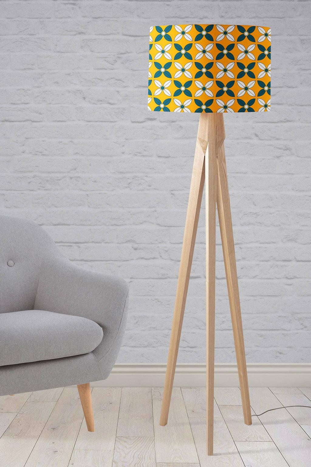 Yellow Lampshade with Retro Blue and White Design