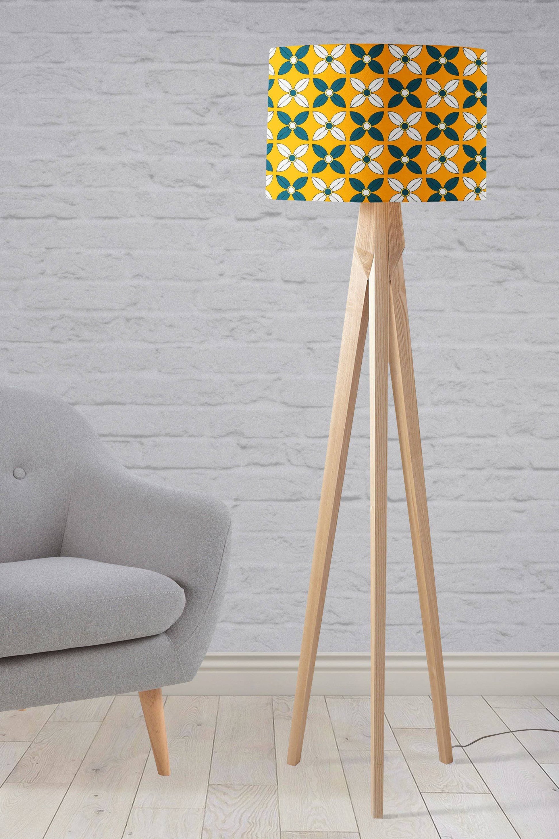 Yellow Lampshade with Retro Blue and White Design