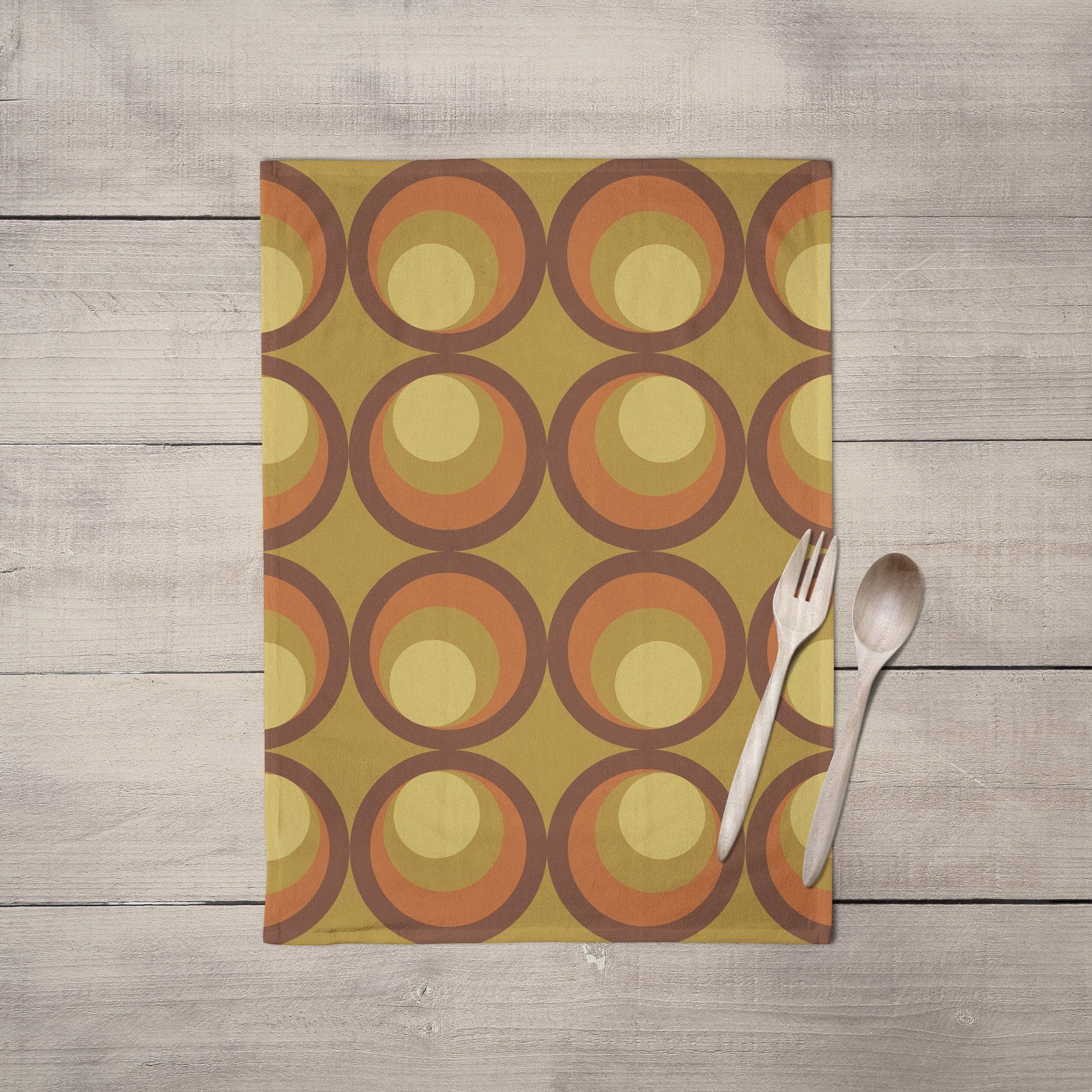 Mustard Yellow Tea Towel with Retro Orange and Brown Circle Design