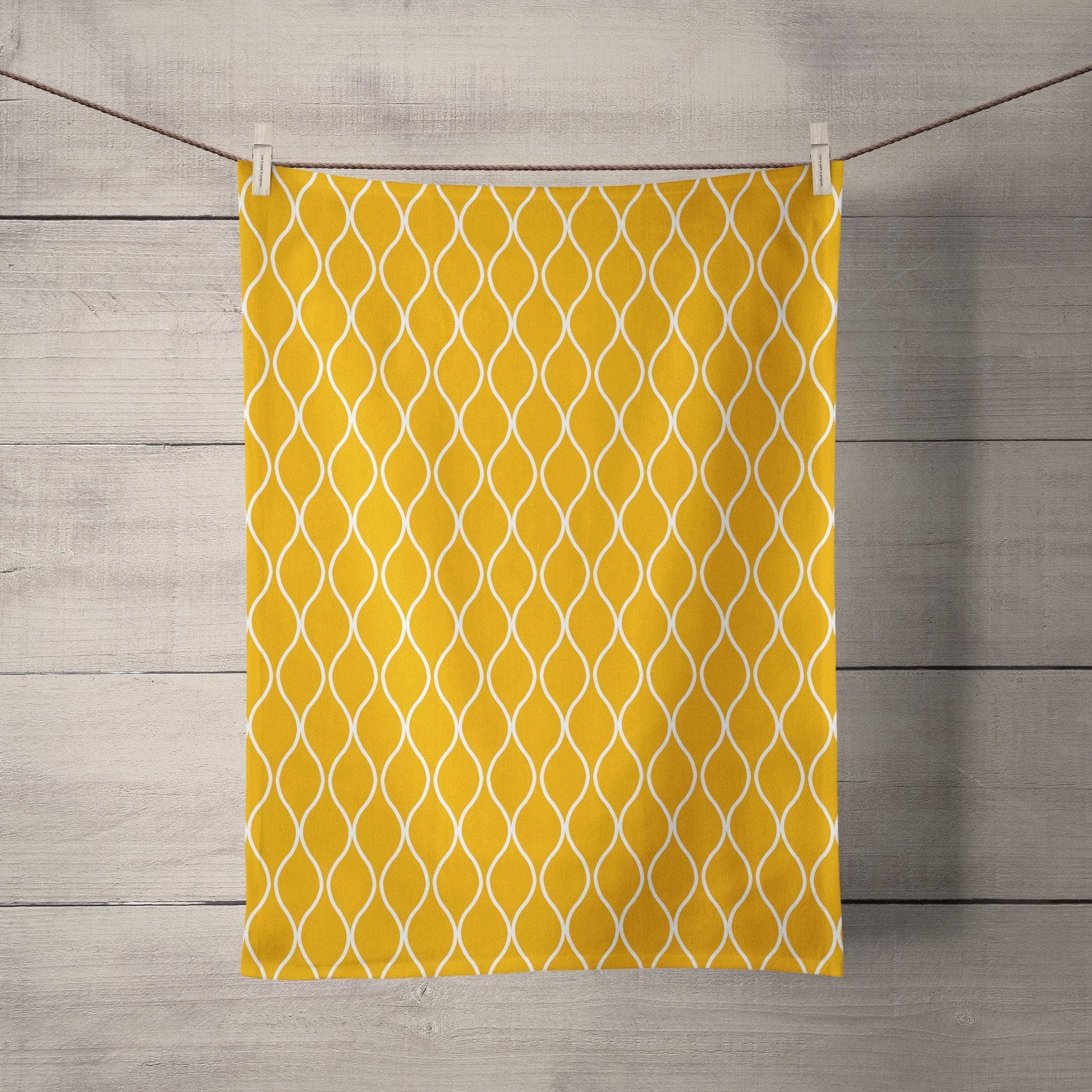 Mustard Yellow Tea Towel with White Geometric Design